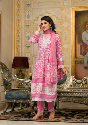 Varanga Women Pink & White Floral Printed Embroidered Anarkali Kurta Paired Wirh Printed Bottom And Dupatta